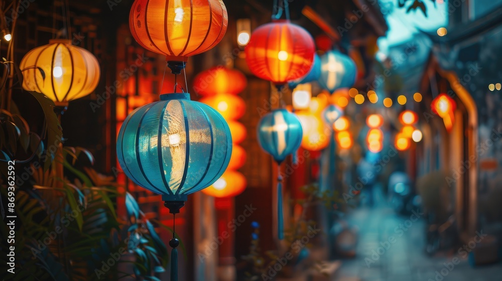 Traditional street illuminated with colorful lanterns creating a lively and festive atmosphere. Traditional street illuminated with colorful lanterns creating a lively and festive atmosphere.