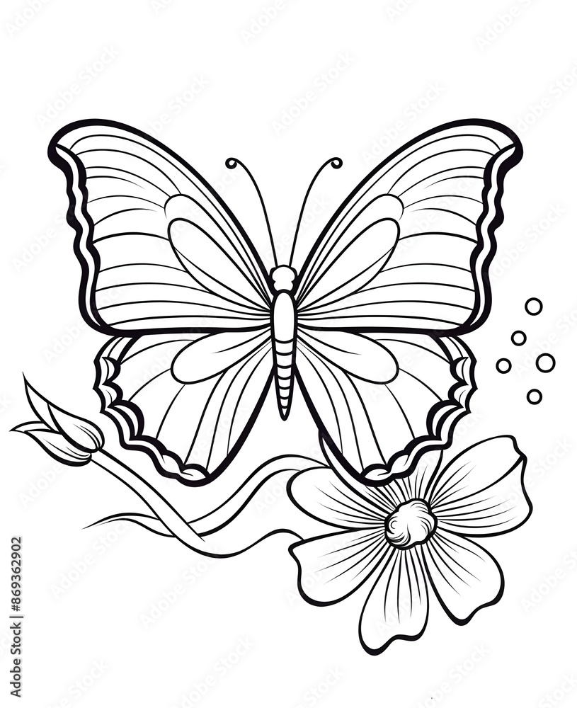Happy Butterfly And Flower Coloring Book. Black and white Moth vector illustration for children coloring page.