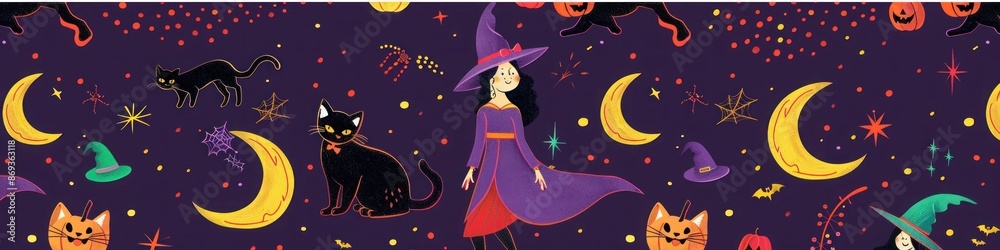 Halloween pattern with magical witches, black cats, and crescent moons Halloween pattern with magical witches, black cats, and crescent moons