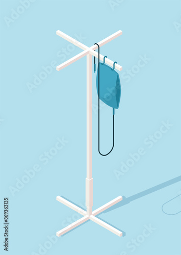 Isometric medical equipment. Wooden stand for medical dropper or iv bag. Furniture for treatment room in clinic or hospital. Procedure for patient. 3D vector illustration isolated on blue background