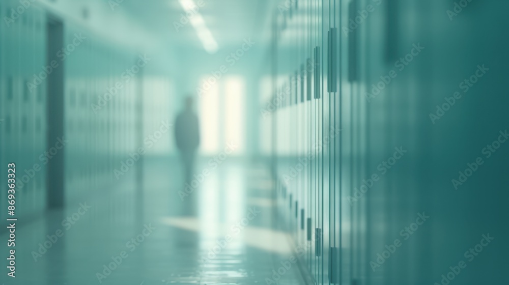 Empty school hallway with lockers and silhouetted figure in background Empty school hallway with lockers and silhouetted figure in background