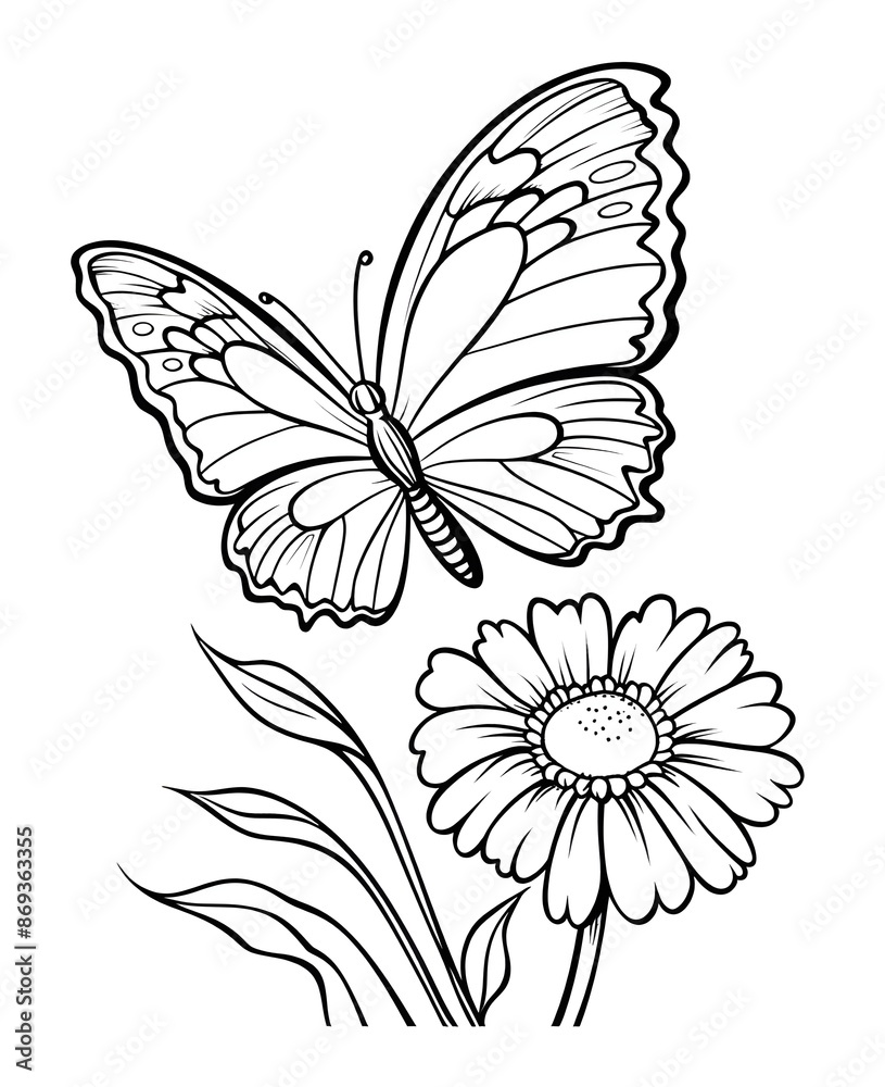 Obraz premium Happy Butterfly And Flower Coloring Book. Black and white Moth vector illustration for children coloring page.
