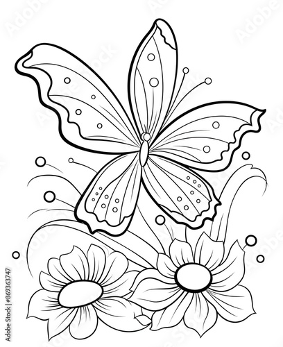 Happy Butterfly And Flower Coloring Book. Black and white Moth vector illustration for children coloring page.