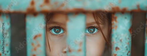 Closeup of child's blue eyes through rusty fence emotive and expressive portrait photography. Child labour