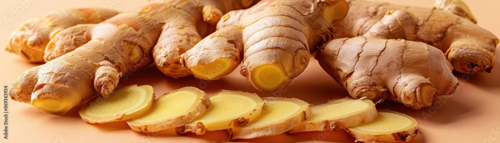 A collection of dried ginger slices, with a warm, beige color, against a soft, peach background A collection of dried ginger slices, with a warm, beige color, against a soft, peach background