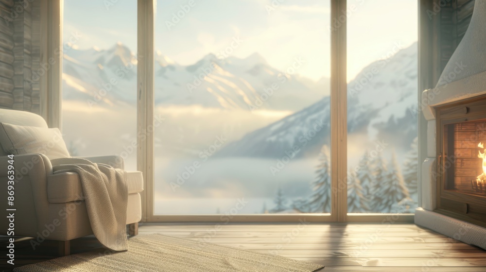 Cozy winter cabin interior with mountain view and fireplace at sunrise Cozy winter cabin interior with mountain view and fireplace at sunrise
