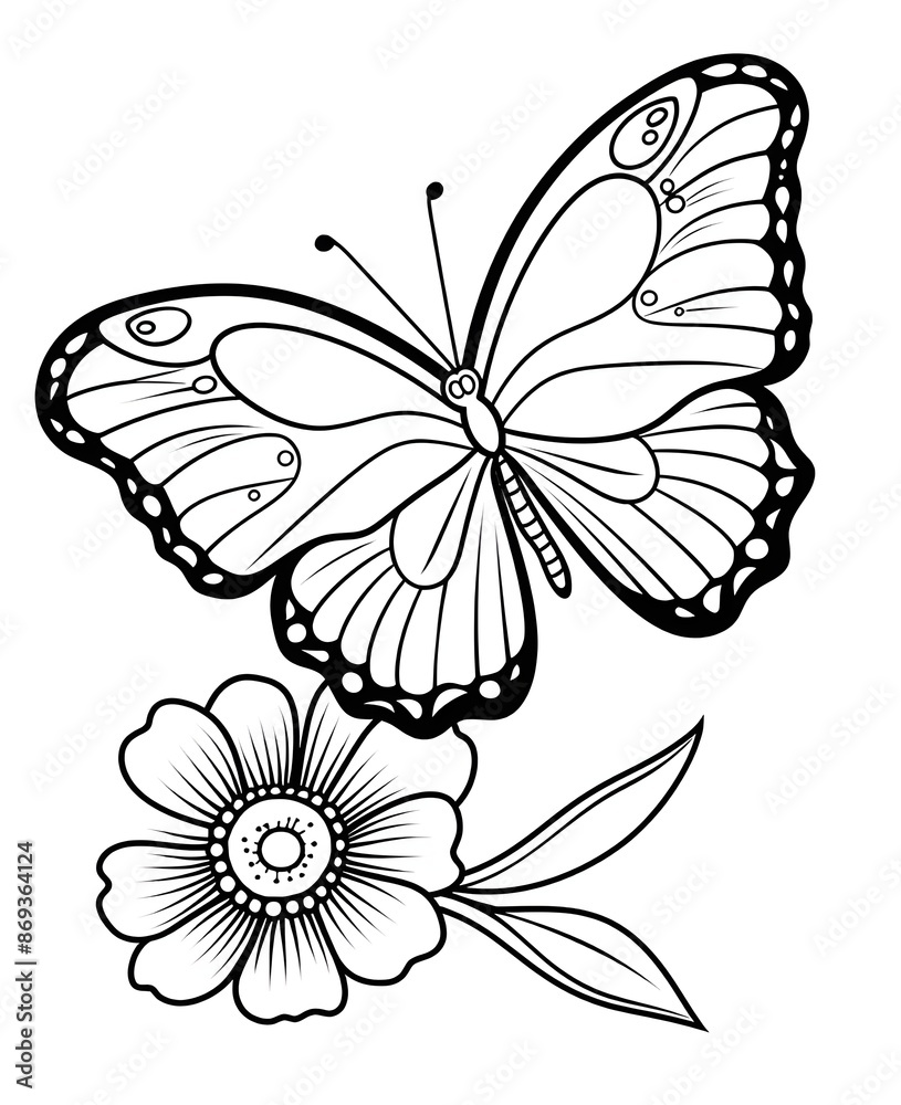 Happy Butterfly And Flower Coloring Book. Black and white Moth vector illustration for children coloring page. Happy Butterfly And Flower Coloring Book. Black and white Moth vector illustration for children coloring page.