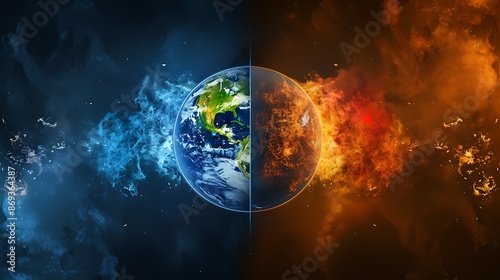 Fototapeta Naklejka Na Ścianę i Meble -  A photo of the Earth with four different color backgrounds representing fire, water, air and earth, each depicting their unique characteristics. The planet is centered in the center frame, surrounded