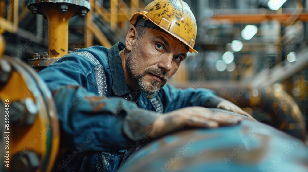 Male inspector conducting checks on steel pipes and elbows at refinery. Male inspector conducting checks on steel pipes and elbows at refinery.