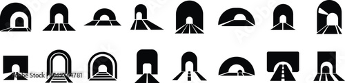 Tunnel signs multi series styles icons Set. Fill vectors of railway warning icon for website or mobile application. Highway road, automobile bridge, transport infrastructure on transparent background.