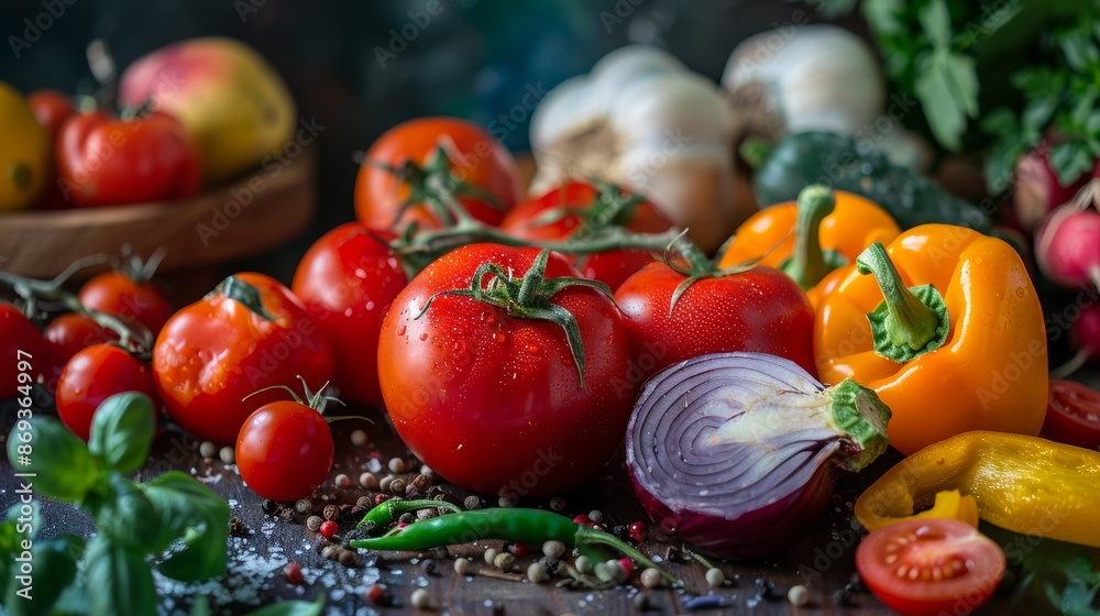 Fresh vegetables and herbs on rustic kitchen table Fresh vegetables and herbs on rustic kitchen table