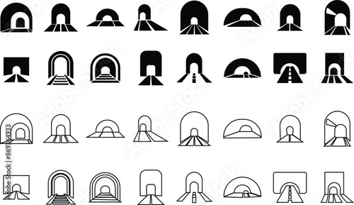 Tunnel signs multi series style icons Set. flat, Line vectors of railway warning for website or mobile application. Highway road, automobile bridge, transport infrastructure on transparent background.
