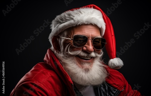  Smiling Santa Claus with sunglasses and a red jacket against a black background, portrait photography.