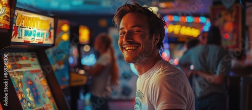 A man is smiling in front of a game machine. He is wearing a white shirt and is surrounded by other people. Scene is happy and fun