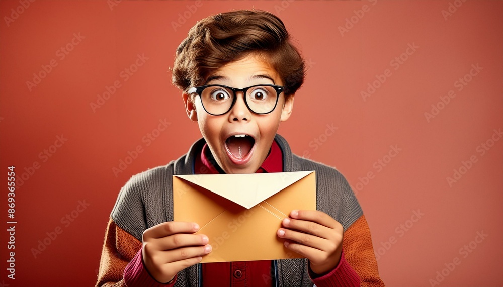 Surprised student opening an acceptance letter with plan red background. Surprised student opening an acceptance letter with plan red background.