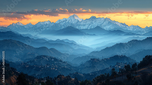 Panoramic View of the Snowcapped Himalayas at Golden Hour Featuring Rugged Terrain, Dark Forests, and Distant Villages
