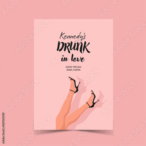 Hen-party invitation, bachelorette party. Drunk in love bridal shower. Vector illustration. Wedding invitation with woman legs and champagne