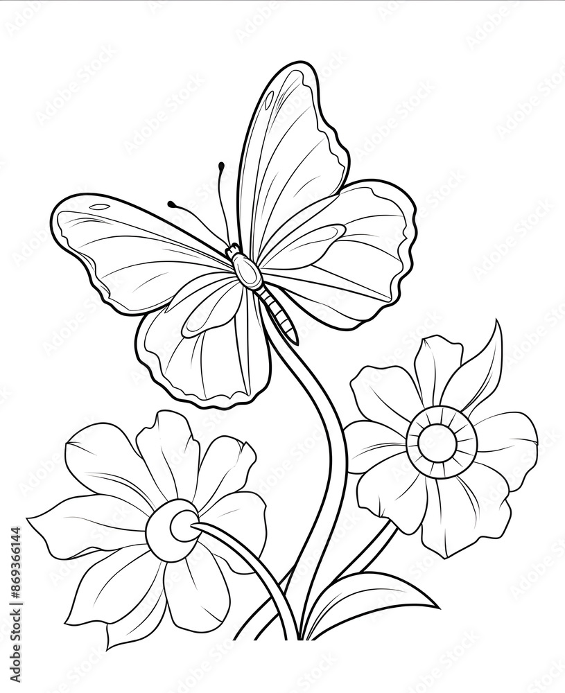 Obraz premium Happy Butterfly And Flower Coloring Book. Black and white Moth vector illustration for children coloring page.