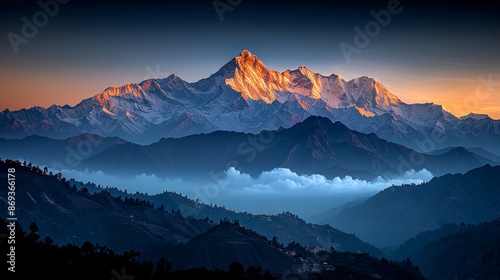 Panoramic View of the Snowcapped Himalayas at Golden Hour Featuring Rugged Terrain, Dark Forests, and Distant Villages
