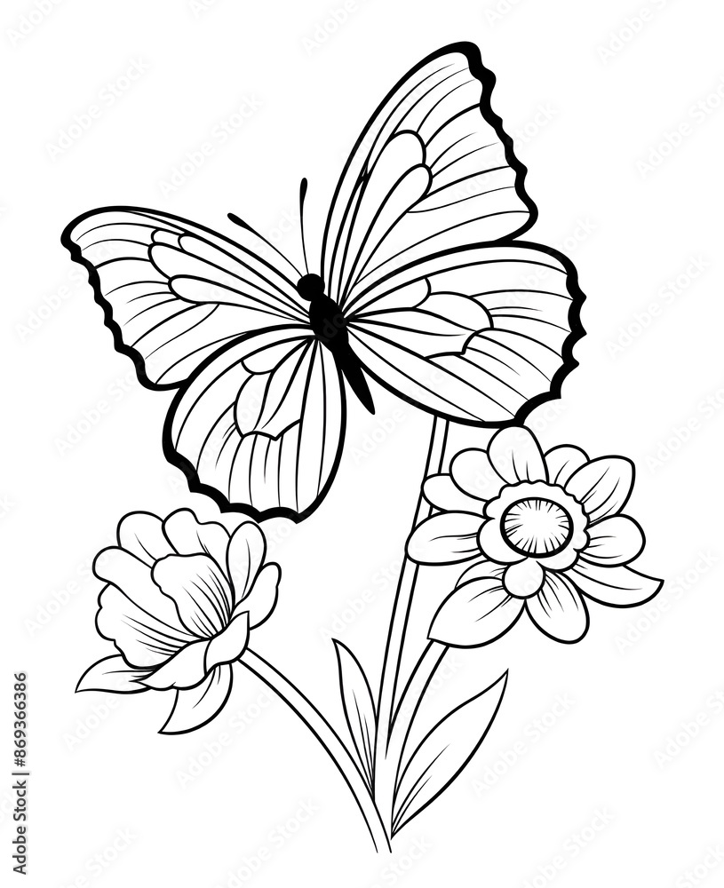 Happy Butterfly And Flower Coloring Book. Black and white Moth vector illustration for children coloring page. Happy Butterfly And Flower Coloring Book. Black and white Moth vector illustration for children coloring page.
