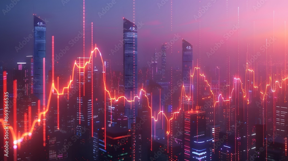 Futuristic City Skyline with Digital Financial Graphs and Data Visualization at Dusk Futuristic City Skyline with Digital Financial Graphs and Data Visualization at Dusk