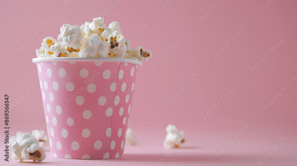 White polka dots on pink cup filled with popcorn White polka dots on pink cup filled with popcorn