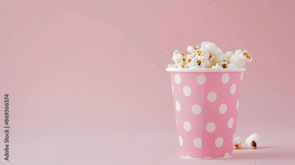 White polka dots on pink cup filled with popcorn White polka dots on pink cup filled with popcorn