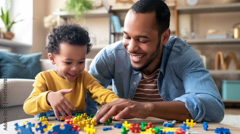 Father and Son Bonding Over Puzzle Game at Home Father and Son Bonding Over Puzzle Game at Home