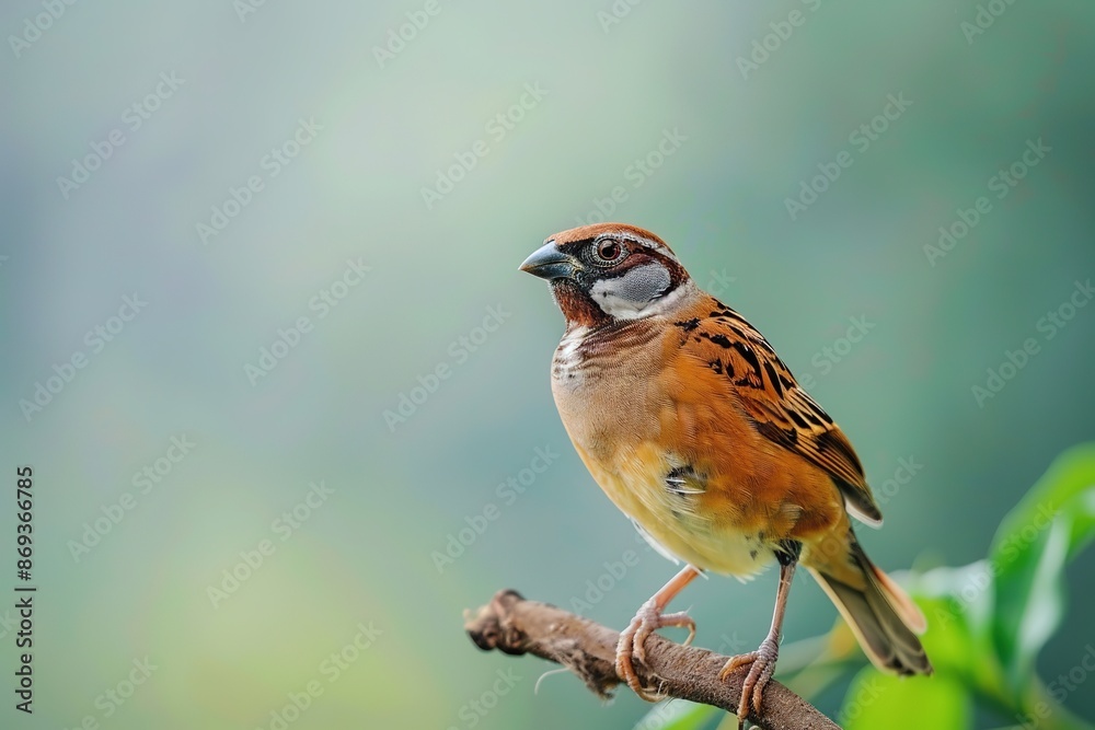 Sparrow perched on branch against soft green background Sparrow perched on branch against soft green background