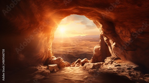 Empty tomb of Jesus with morning sunlight.