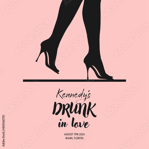 Hen-party invitation, bachelorette party. Drunk in love bridal shower. Vector illustration. Wedding invitation with woman legs and champagne