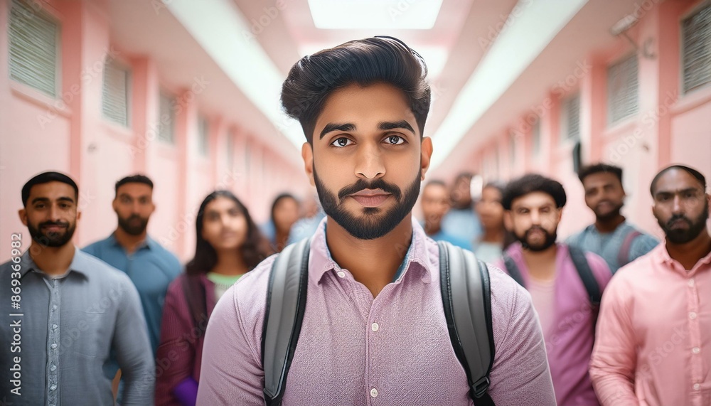 Sad student feeling lonely in a crowded hallway. Sad student feeling lonely in a crowded hallway.