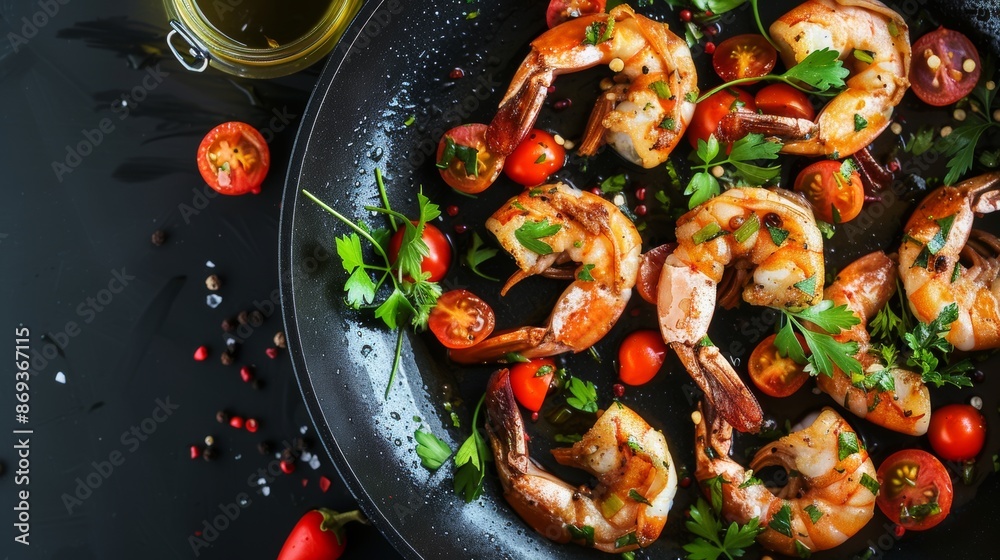 Cooking seafood, frying in a pan with vegetables, veggie healthy food, on a black background, menu and restaurant business 