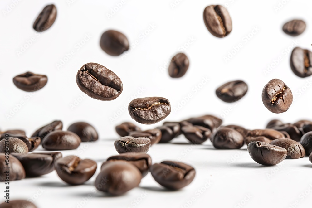 Floating roasted coffee beans on white background, dynamic and d Floating roasted coffee beans on white background, dynamic and d