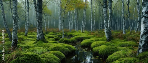 A serene peatland with clusters of white birch trees and a boggy ground covered in vibrant green moss and small water pools The light is soft and diffuse photo