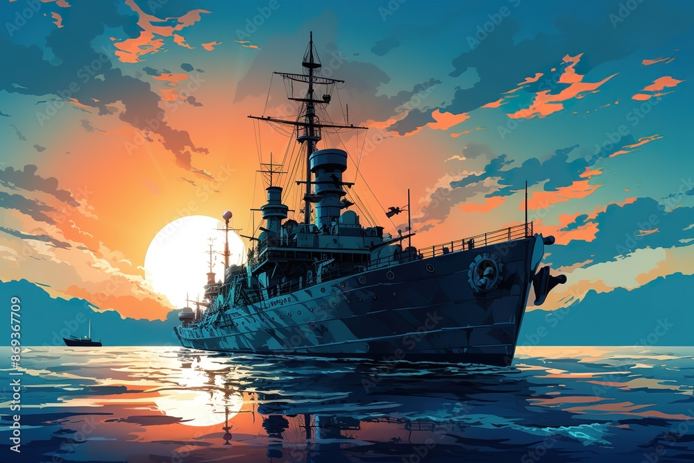 Fototapeta premium American Modern Warship In Rays Of The Sun. 3D Illustration. 