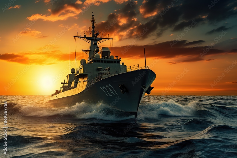 American Modern Warship In Rays Of The Sun. 3D Illustration.
American Modern Warship In Rays Of The Sun. 3D Illustration.