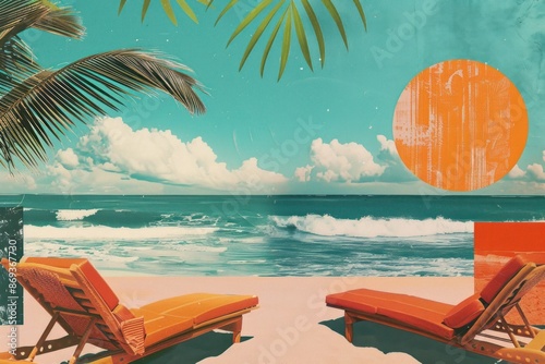 Fototapeta Naklejka Na Ścianę i Meble -  Retro collage of beach furniture outdoors vacation.
