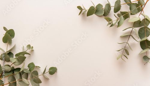 green eucalyptus leaves frame banner top view isolated on white background with copy space. flat lay
