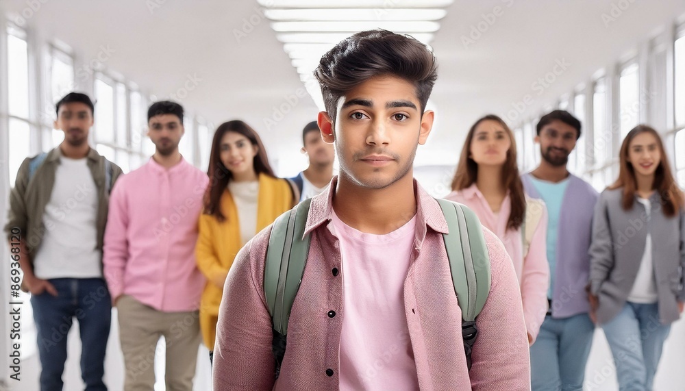Fototapeta premium Sad student feeling lonely in a crowded hallway.