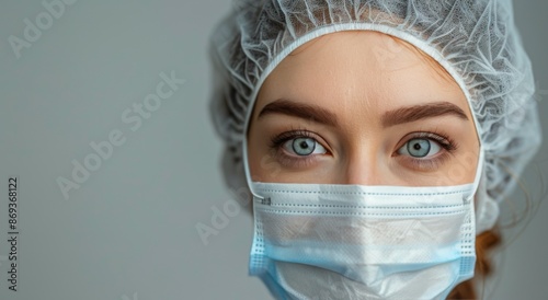 Close Up Of Woman Wearing Surgical Mask And Cap