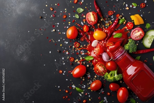 A dramatic splash of sauces and ingredients creating a visually striking food explosion with copy space