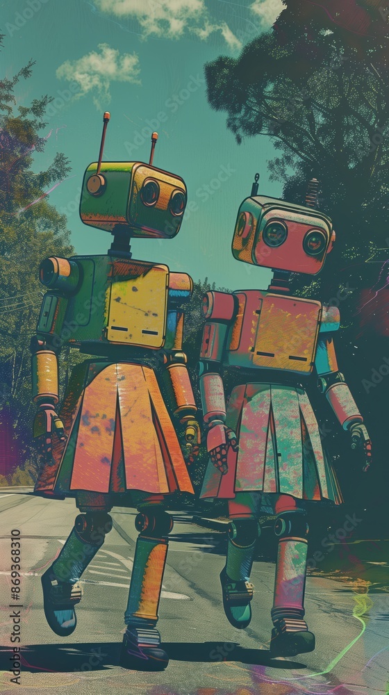 Fototapeta premium A picture of two robots walking to school