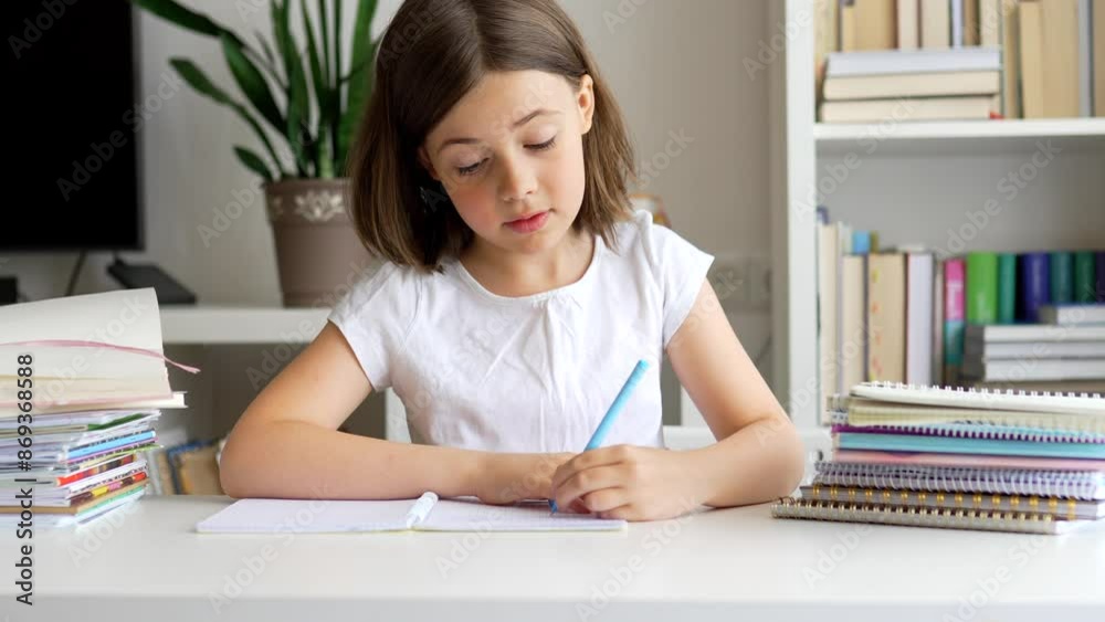Child doing her homework art a desk. School girl whrites in a notebook. Child doing her homework art a desk. School girl whrites in a notebook.