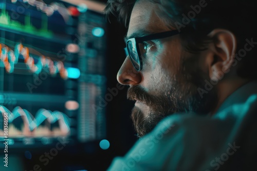 A financial analyst reviewing virtual data projections in a sleek office setting with copy space