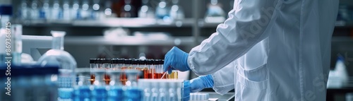 Scientist in lab coat working with test tubes and samples in a modern laboratory, focusing on medical research and scientific experiments.