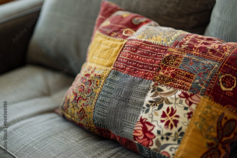 A close-up of a patchwork pillow on a modern sofa, with detailed stitching and diverse fabric textures. A close-up of a patchwork pillow on a modern sofa, with detailed stitching and diverse fabric textures.