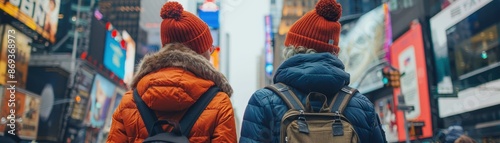 Two travelers in warm jackets and red hats explore a vibrant city street filled with bright lights and bustling activity. photo