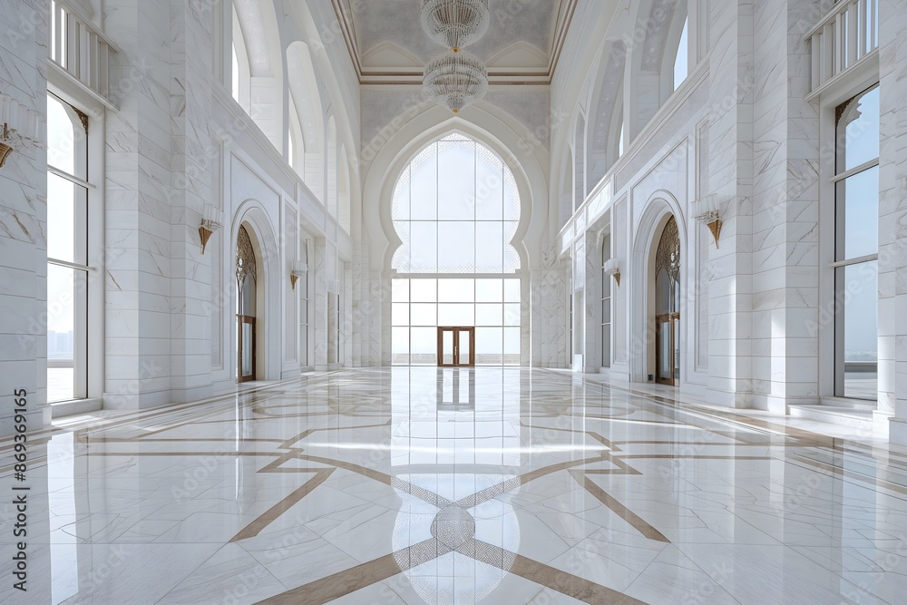 A backdrop of the interior hall with marble floor and tall arched windows, marble pattern on the floors, modern architecture in Doha A backdrop of the interior hall with marble floor and tall arched windows, marble pattern on the floors, modern architecture in Doha