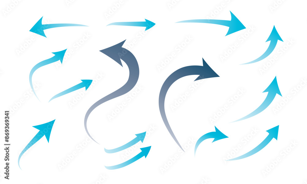 Blue arrows clean fresh air flow collection. Flat style curved arrow icon collection isolated different kinds of arrow symbol indicator. For your apps, websites and UI or UX design Blue arrows clean fresh air flow collection. Flat style curved arrow icon collection isolated different kinds of arrow symbol indicator. For your apps, websites and UI or UX design